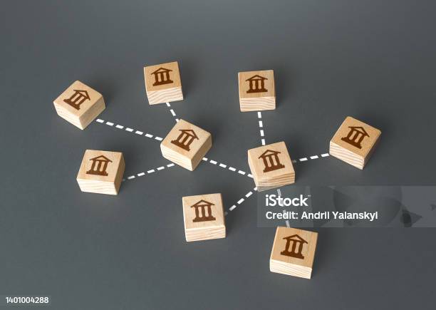Banks Connected In A Information Exchange Network Interbank Identification System International Payment System Financial Transactions Anti Money Laundering Safety Stability Cooperation Stock Photo - Download Image Now