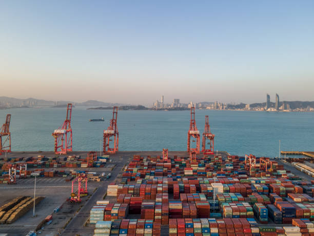 istock Aerial view of the modern cargo terminal at dusk 1401006861