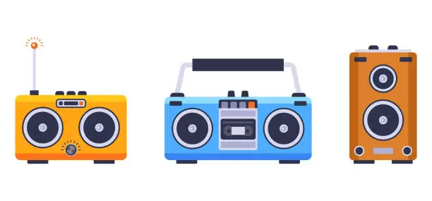 Vector illustration of set of musical equipment from the 80s. collection of radio, tape recorder and stereo speaker. flat vector illustration.