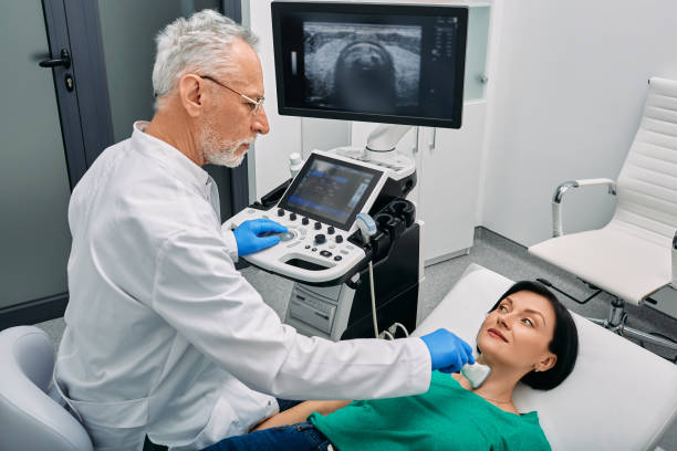istock Ultrasound diagnostics of endocrine system and human thyroid. Female patient receives thyroid diagnostics with endocrinologist 1401012418