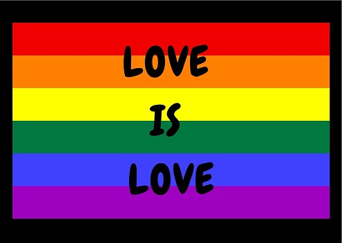 Love is love illustration with LGBT flag.