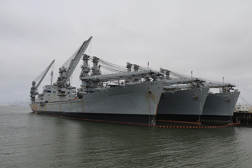 Australian Navy ship in the port, background with copy space, full frame horizontal composition