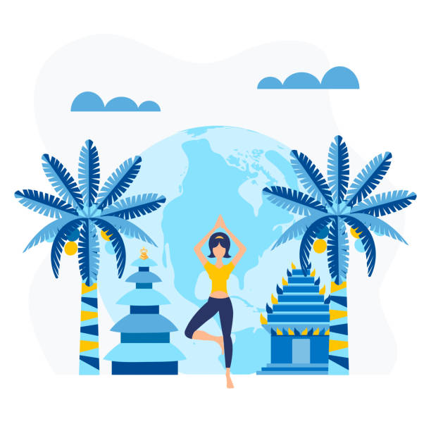 illustrazioni stock, clip art, cartoni animati e icone di tendenza di ragazza che fa esercizi di yoga vicino a pagode e palme tropicali - white background yoga backgrounds relaxation exercise