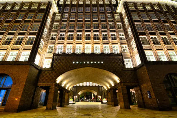 Chilehaus (Chile House) building at night in Hamburg, Germany. It was designed by the German architect Fritz Höger and finished in 1924