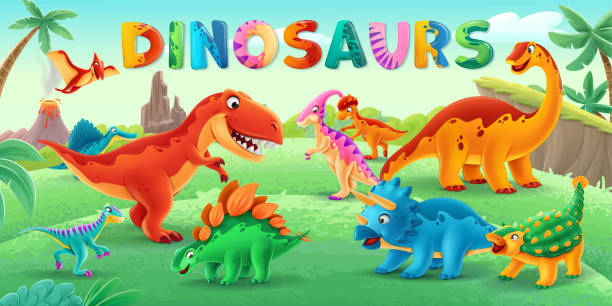 dinosaurs in the park cartoon illustration banner dino pachycephalosaurus stock illustrations