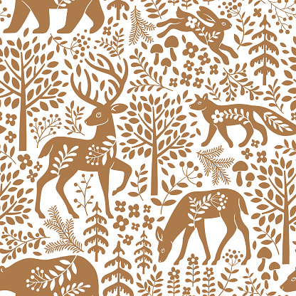 Seamless vector pattern with wild animals, trees and leaves. Scandinavian woodland illustration. Perfect for textile, wallpaper or print design.