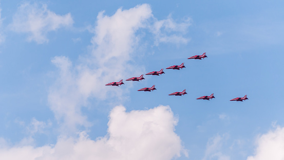 Royal Air Force aircrafts perform a fly-past during the celebration of Britain's Queen Elizabeth's Platinum British Jubilee, in London, Britain June 2, 2022
