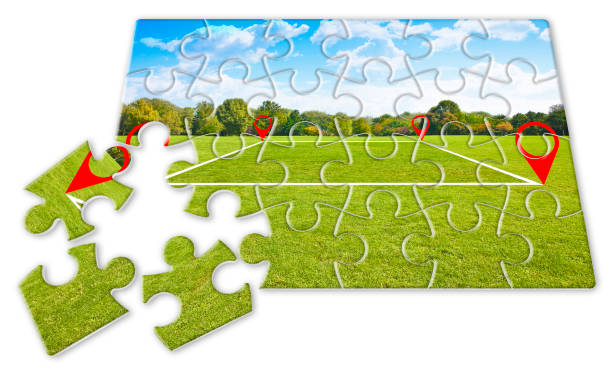 istock Land plot management - real estate concept with a vacant land on a green field available for building construction and housing subdivision in a residential area - puzzle shape concept 1401018868
