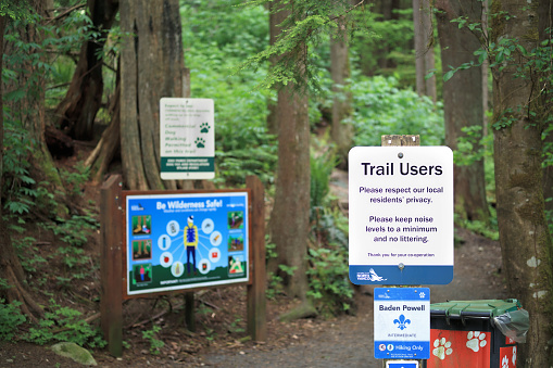 Keep noise down and don't litter. Baden Powell Trail, North Vancouver, BC, Canada. Selective focus.