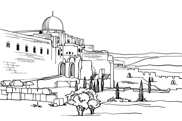 Old Jerusalem. Nice view of the domes and walls of the ancient city. Hand drawn sketch. Urban sketch. Line art. Ink drawing. Black and white vector illustration. Postcards style. Without people.
