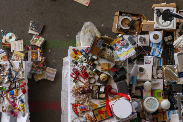 Aerial view of a second hand flea market stall, stand. Retro vintage flea market stock photo