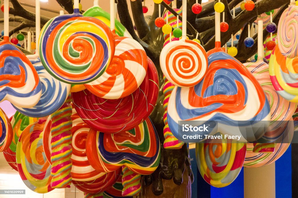 Sweet multicolor candies in shop. Asia Stock Photo