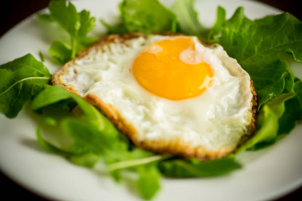istock one fried egg with arugula and lettuce in a plate 1401024680