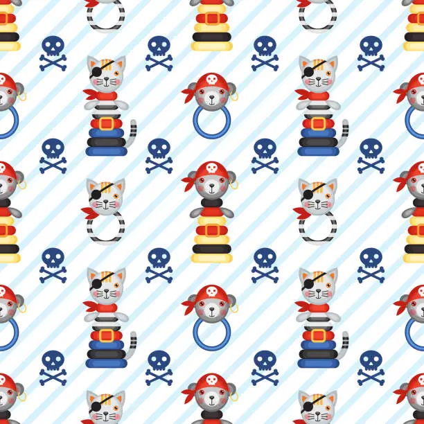 Vector illustration of Seamless cartoon pattern on the theme of pirates on a striped background.