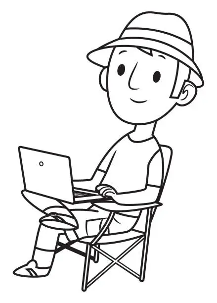 Vector illustration of Black And White, Man working on laptop