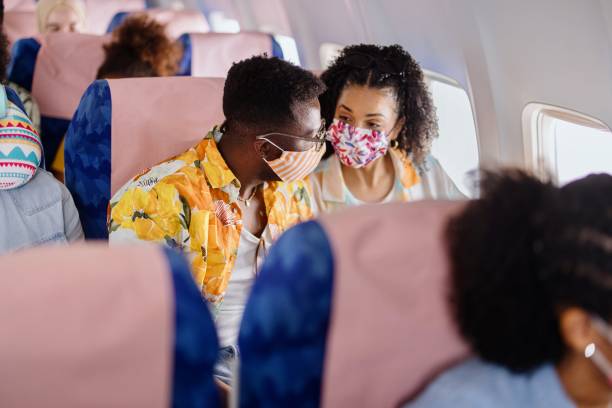 istock Young couple wearing protective face masks during flight looking out of window 1401027281
