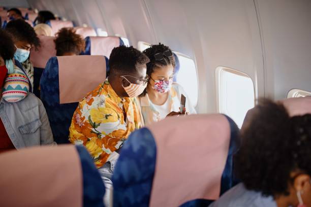istock Young couple wearing protective face masks during flight 1401027696