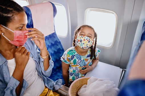 Passengers wearing protective face mask during flight.