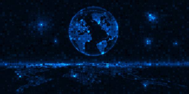 istock Vector illustrations of digital neon blue earth with glowing piece fractal reforming space 1401029910