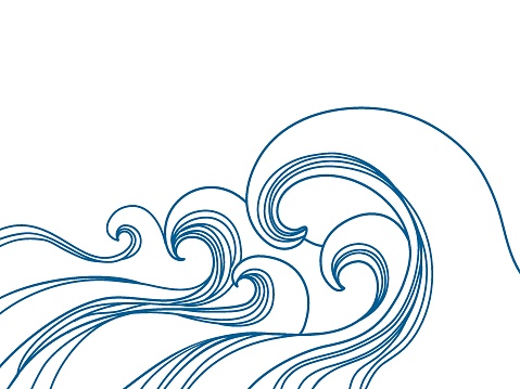 Sea waves outline illustration background for print or design. Seascape outline vector abstract blue waves isolated on white