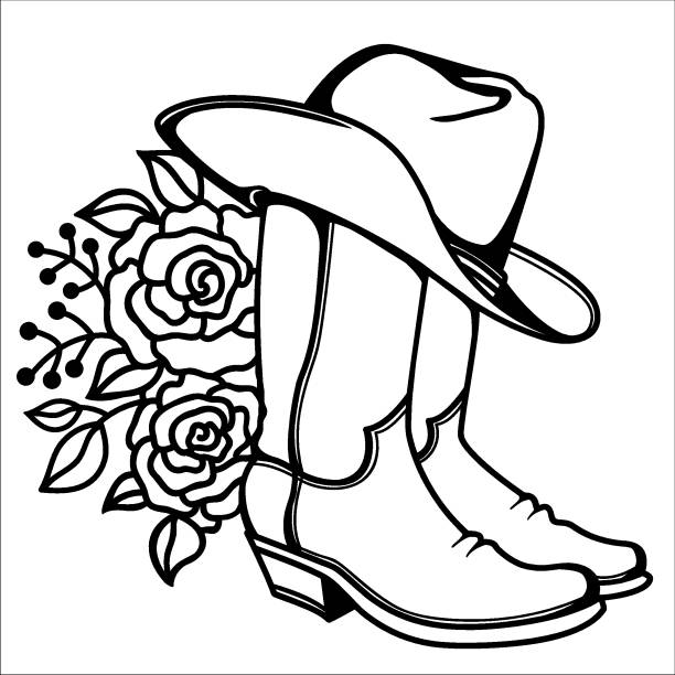 Cowboy boots and cowboy hat floral decoration. Outline vector handdrawn illustration isolated on white for design, greeting cards, print Cowboy boots and cowboy hat floral decoration. Outline vector handdrawn illustration isolated on white for design, greeting cards, print country fashion stock illustrations