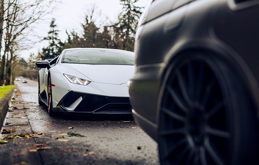 Seattle, WA, USA\n2/24/2022\nWhite Lamborghini Huracan Performante parked on the side of the road with trees in the background