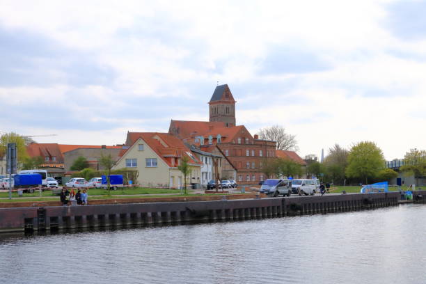 April 30 2022 - Anklam in Germany: Small industrial harbor on a cloudy day
