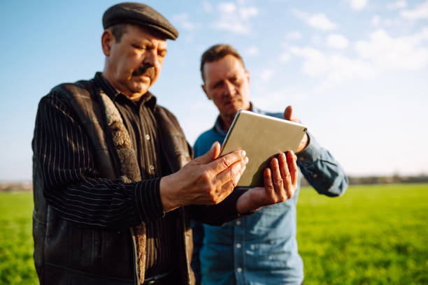 istock Smart farm. Two Farmer with a tablet on a green wheat field. 1401033776