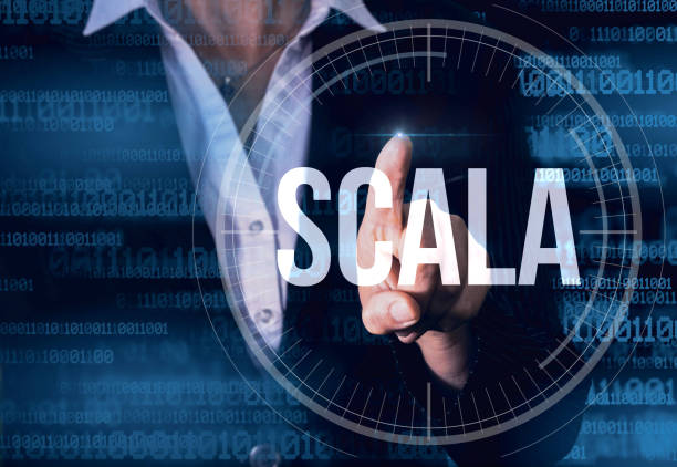 istock Business Woman with finger pressing SCALA button on virtual screens. 1401035157