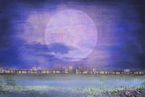 Fantastic horizontal background with a star disk over the city, made in the technique of painting