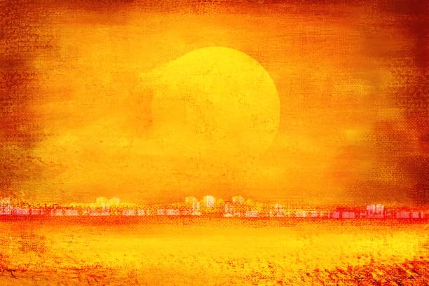 Fantastic horizontal background with a star disk over the city Fantastic horizontal background with a star disk over the city, made in the technique of painting sun painting stock illustrations