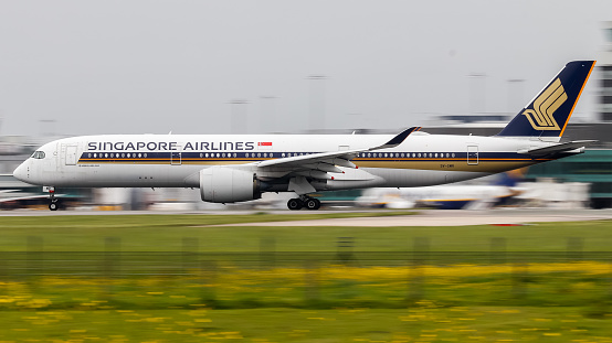 Manchester Airport, United Kingdom - 20 May, 2022: Singapore Airlines Airbus A350 (9V-SMR) departing for Singapore.