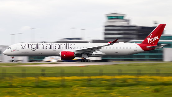 Manchester Airport, United Kingdom - 20 May, 2022: Virgin Atlantic Airbus A350 (G-VLIB) departing for Orlando (MCO), United States.