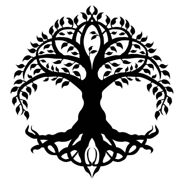 yggdrasil, 부족 바이킹 생명의 나무, 장식적인 부족 둥근 프레임에. 바이킹 개념 - tree root environment symbol stock illustrations