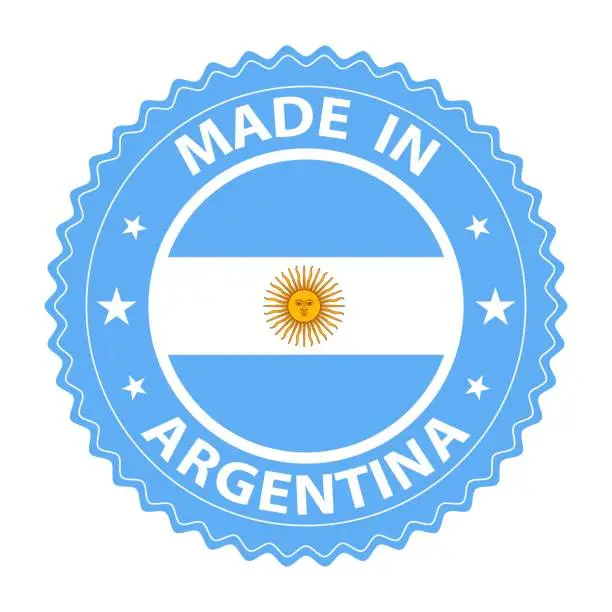 Vector illustration of Made in Argentina badge vector. Sticker with stars and national flag. Sign isolated on white background.
