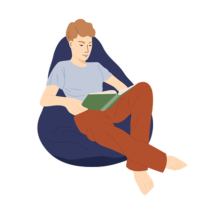 Reading man on armchair. Boy sitting on armchair with book. Vector cute flat illustration isolated on white background