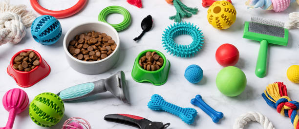 istock Pet care concept, various pet accessories and tools on white marble background, high angle 1401045286