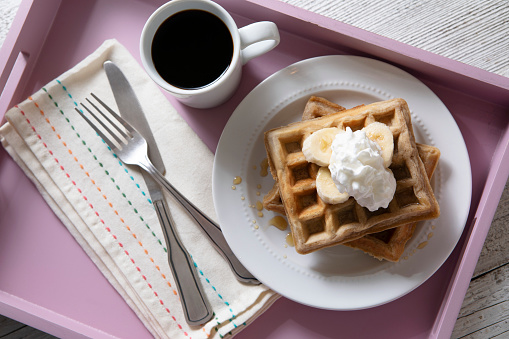 Waffles and Coffee Breakfast in Bed