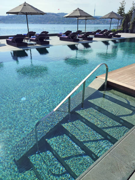 istock Deck chairs on Wooden plank floor against swimming pool 1401050143