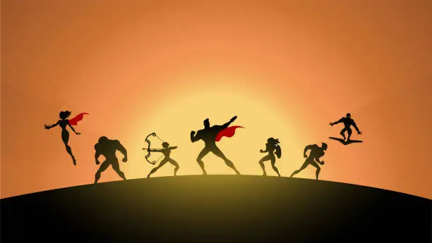 Vector illustration of Vector Superhero Team Silhouette in Fighting Stance Stock Illustration