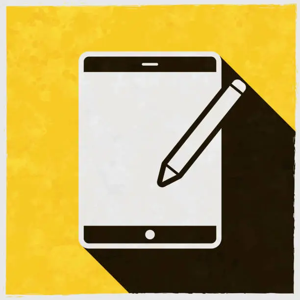 Vector illustration of Tablet PC with pen. Icon with long shadow on textured yellow background
