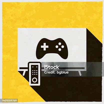 istock Video game on TV. Icon with long shadow on textured yellow background 1401059769