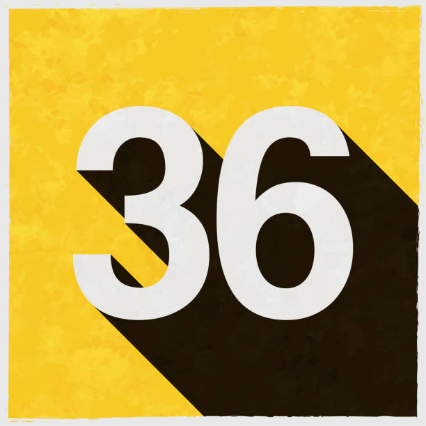 36 - Number Thirty-six. Icon with long shadow on textured yellow background Icon of "36 - Number Thirty-six" in a trendy vintage style. Beautiful retro illustration with old textured yellow paper and a black long shadow (colors used: yellow, white and black). Vector Illustration (EPS10, well layered and grouped). Easy to edit, manipulate, resize or colorize. Vector and Jpeg file of different sizes. number 36 stock illustrations