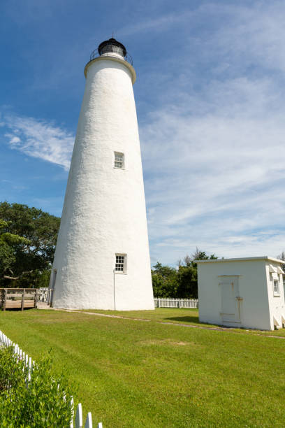 A view of the Ocracoke lighthouse under a summer blue sky. A view of the Ocracoke lighthouse under a summer blue sky. Ocracoke Light is one of the  oldest lighthouses in the United States. ocracoke lighthouse stock pictures, royalty-free photos & images