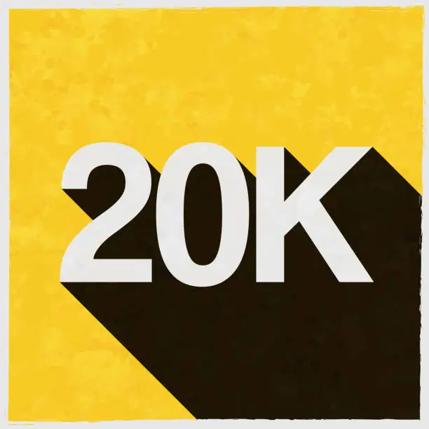 Vector illustration of 20K, 20000 - Twenty thousand. Icon with long shadow on textured yellow background