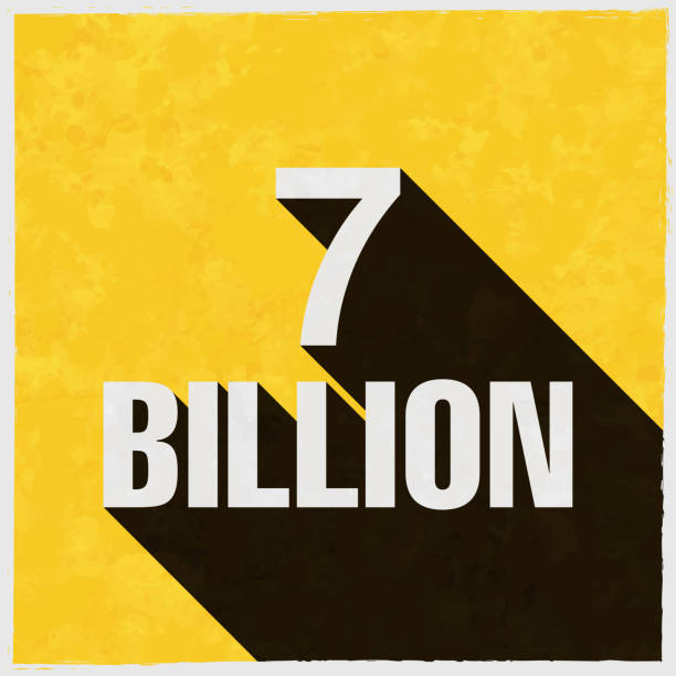 7 Billion. Icon with long shadow on textured yellow background Icon of "7 Billion" in a trendy vintage style. Beautiful retro illustration with old textured yellow paper and a black long shadow (colors used: yellow, white and black). Vector Illustration (EPS10, well layered and grouped). Easy to edit, manipulate, resize or colorize. Vector and Jpeg file of different sizes. billions quantity stock illustrations