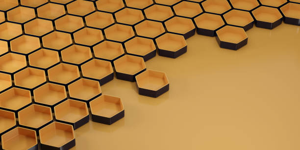 istock Yellow and black honeycomb background with copy space. 3d illustration. 1401061756