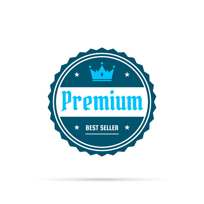 Blue trendy badge (Premium, Best Seller) with shadow, isolated on a white background. Elements for your design, with space for your text. Vector Illustration (EPS10, well layered and grouped). Easy to edit, manipulate, resize or colorize.