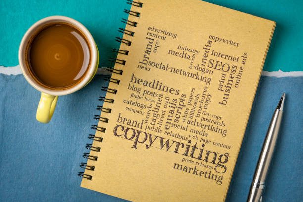 copywriting word cloud in a notebook stock photo