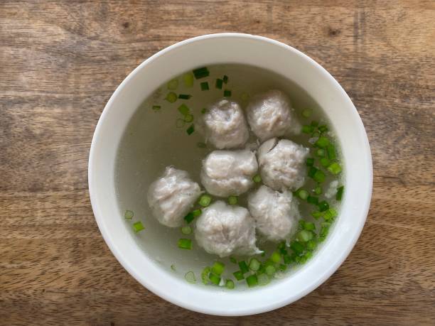 Milkfish meatball soup ready to be served stock photo